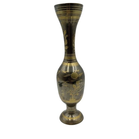Solid Brass Tall Vase With Intricate Floral & Bird Design Made In India - Picture 2 of 10